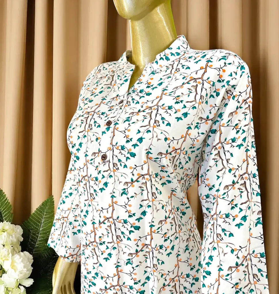 Floral-Leaf-Print-White-Rayon-Short-Kurti03.webp