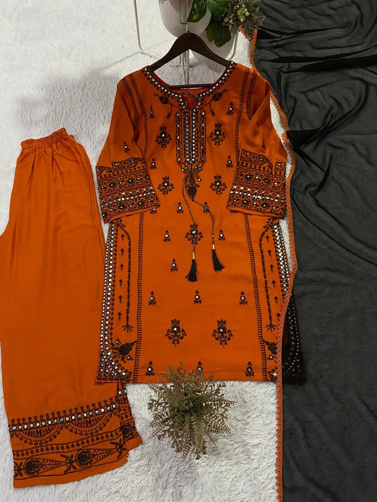 Designer-Rayon-Embroidered-Mirror-Effect-Top-Palazzo &-Georgette-Dupatta-Set-Rust4.webp