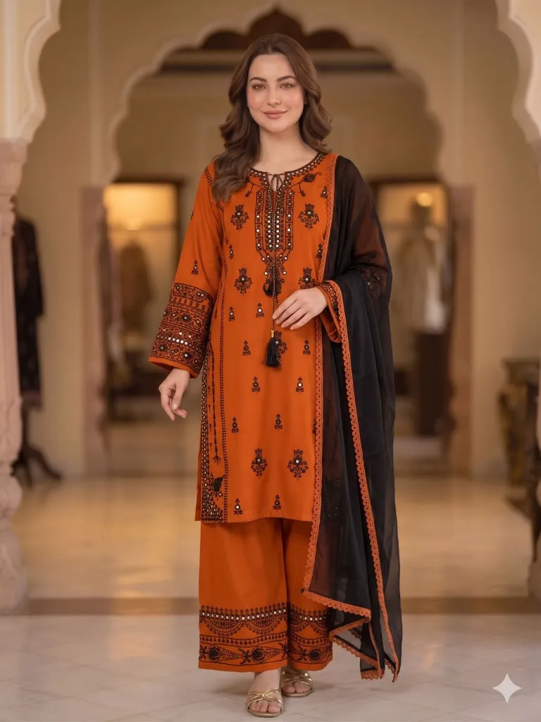 Designer-Rayon-Embroidered-Mirror-Effect-Top-Palazzo &-Georgette-Dupatta-Set-Rust3.webp