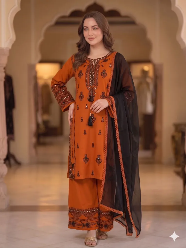 Designer-Rayon-Embroidered-Mirror-Effect-Top-Palazzo &-Georgette-Dupatta-Set-Rust2.webp
