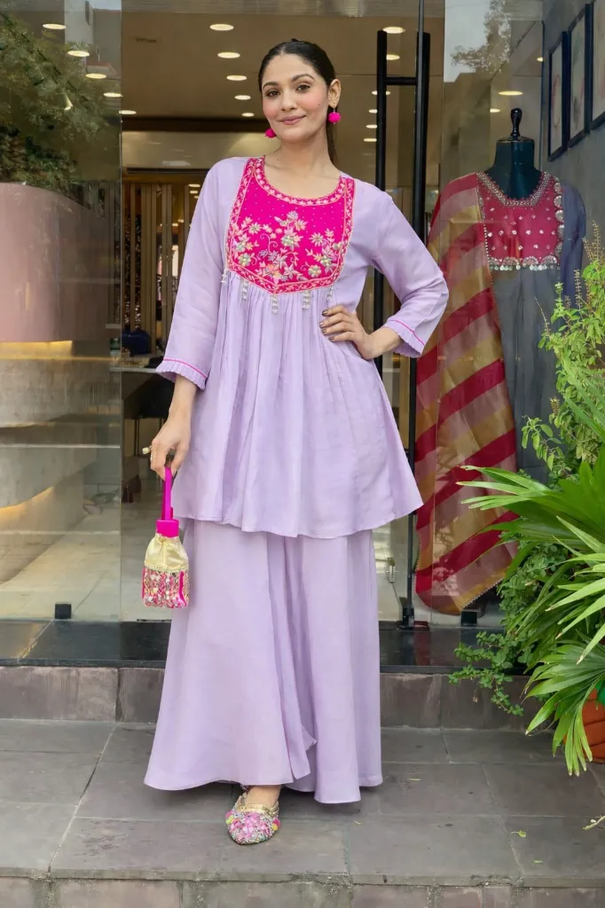Light-Purple-Shining-Glass-Tissue-Sharara-Kurta-Set-with-Magenta-Yoke-Floral-Embroidery-Pearl-Tassels5.webp