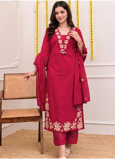 Pure-Cotton-60-60-Straight Kurta-Pant-Set-with-Detailed-Embroidery-Work-Red3.webp