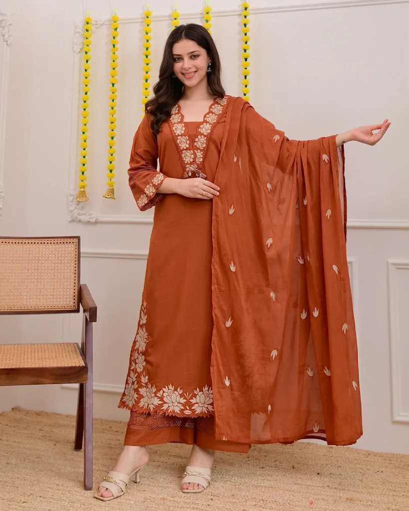 Pure-Cotton-60-60-Straight Kurta-Pant-Set-with-Detailed-Embroidery-Work-Rust5.webp