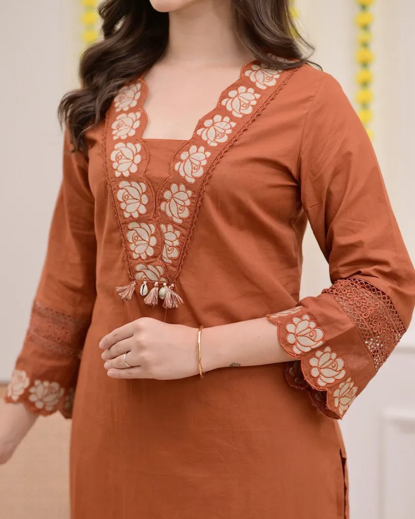 Pure-Cotton-60-60-Straight Kurta-Pant-Set-with-Detailed-Embroidery-Work-Rust4.webp