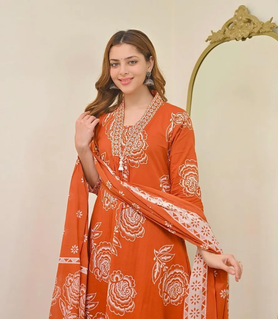 Pure-Cotton-60-60-Flared-A-Line-Kurti-Pant-Set-with-Intricate-Yoke-Detailing-Dupatta-Orange2.webp