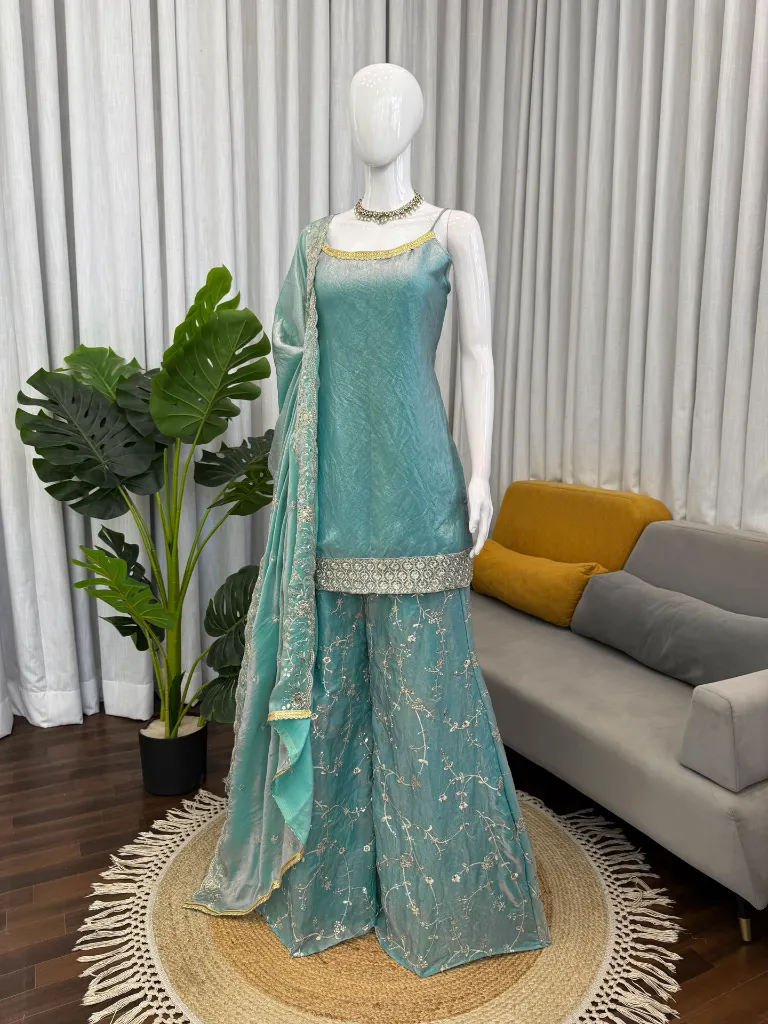 Exclusive Fendy Silk Thread and Sequence Embroidered Tunic, Matching Elastic Palazzo, and Border Work Dupatta 3-Piece Set5.webp