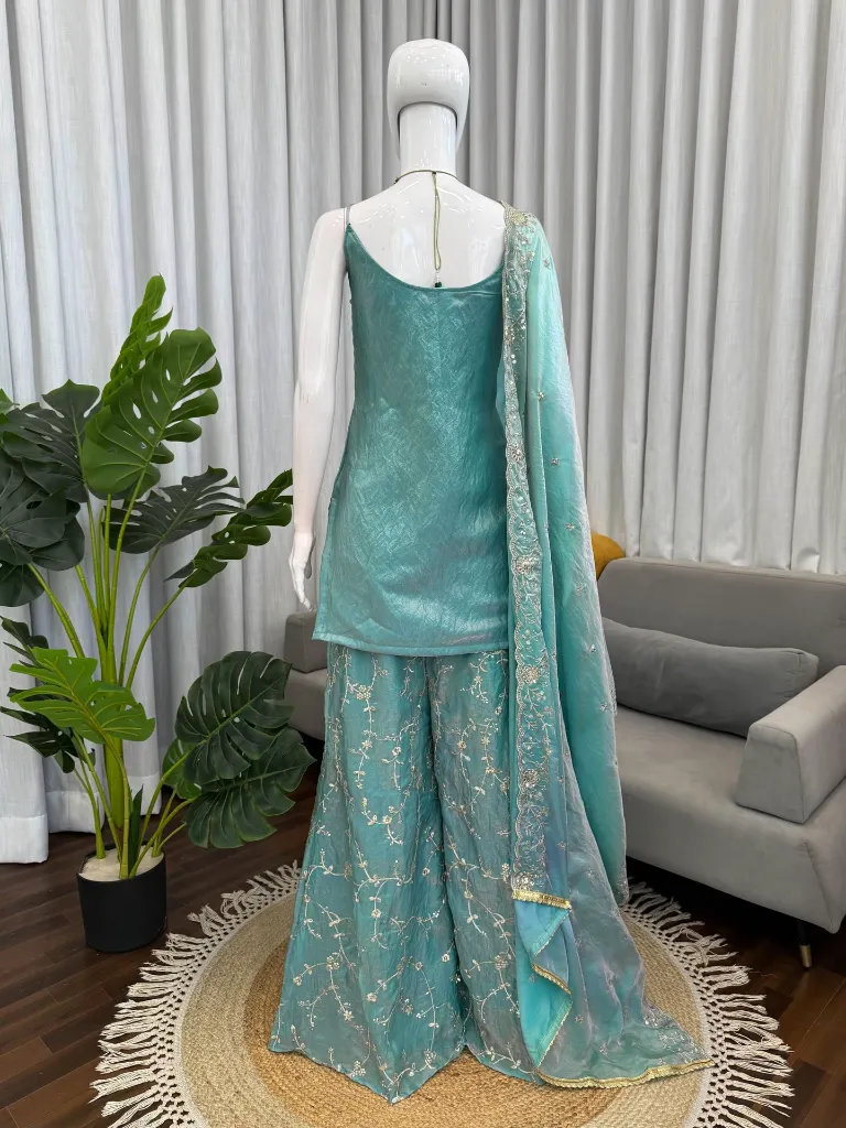 Exclusive Fendy Silk Thread and Sequence Embroidered Tunic, Matching Elastic Palazzo, and Border Work Dupatta 3-Piece Set9.webp