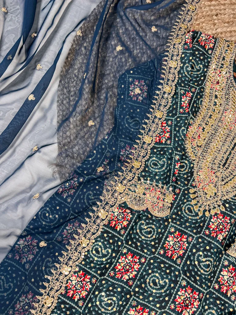 Teal Pure Rayon Embroidered Top with Roman Silk Elastic Bottoms and Organza Dupatta Set4.webp