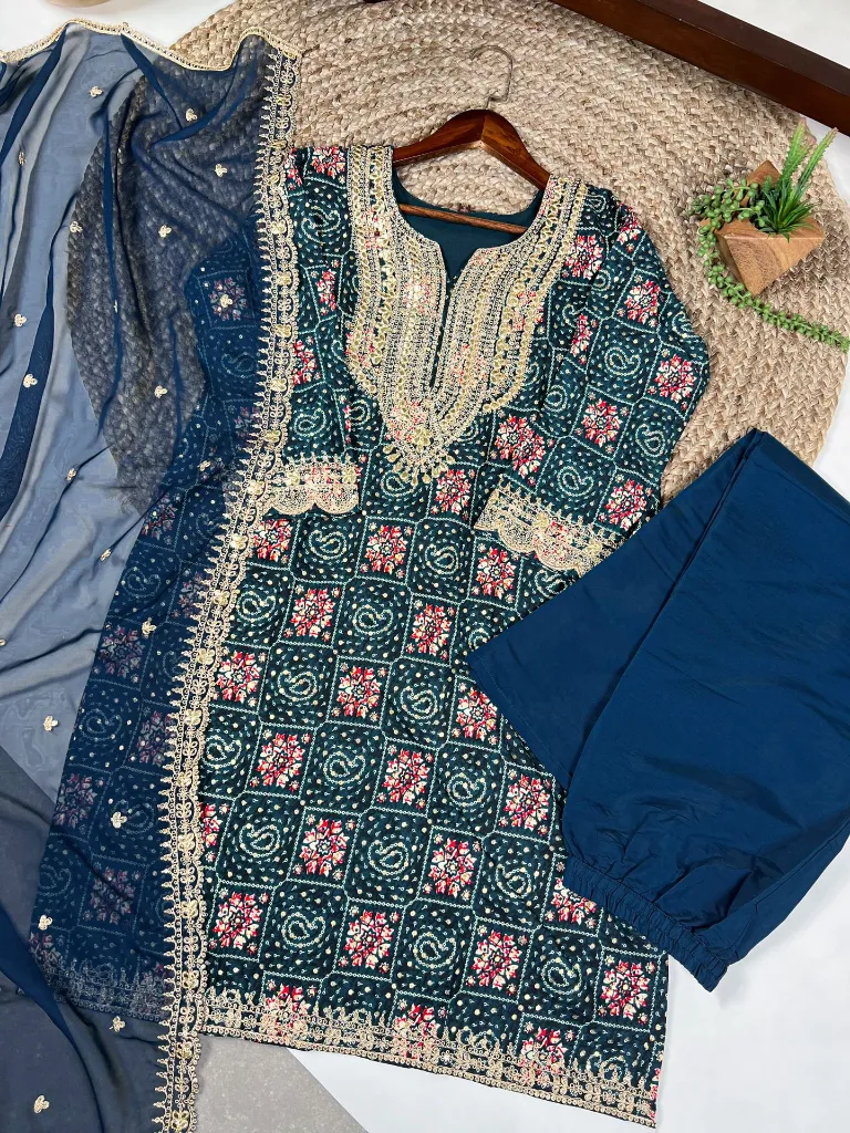 Teal Pure Rayon Embroidered Top with Roman Silk Elastic Bottoms and Organza Dupatta Set2.webp