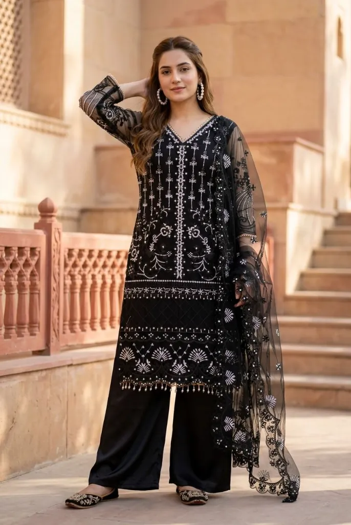 Heavy-Soft-Net-Chine-Sequence-and-Pearl-Hand-Work-Top,-Butter-Silk-Palazzo,-and-Coordinated-Dupatta-3-Piece-Suit-Set-Black2.webp