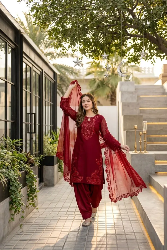 Heavy-Roman-Glass-Embroidered-Sequence-Kurti-with-Fancy-Cut-Work,-Plain-Palazzo,-and-Coordinated-Faux-Georgette-Dupatta-3-Piece-Suit-Set-Red2.webp