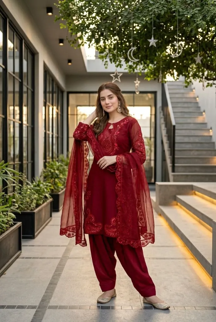 Heavy-Roman-Glass-Embroidered-Sequence-Kurti-with-Fancy-Cut-Work,-Plain-Palazzo,-and-Coordinated-Faux-Georgette-Dupatta-3-Piece-Suit-Set-Red1.webp