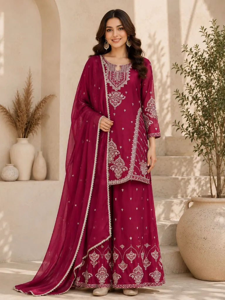 Premium-Fendy-Fabric-Heavily-Embroidered-Beads-and-Sequins-Kurti,-Matching-Free-Size-Palazzo,-and-Sequins-Border-Dupatta-3-Piece-Wedding-Luxury-Suit-Set-Majenta3.webp