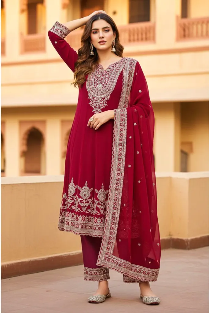 Premium Heavy Faux Georgette Coding Sequins Embroidered Tunic, French Crepe Palazzo Trousers, and Matching Full Embroidered Dupatta 3-Piece Festive Set Red2.webp