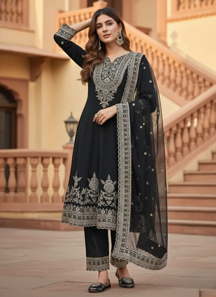 Premium Heavy Faux Georgette Coding Sequins Embroidered Tunic, French Crepe Palazzo Trousers, and Matching Full Embroidered Dupatta 3-Piece Festive Set Green2.webp