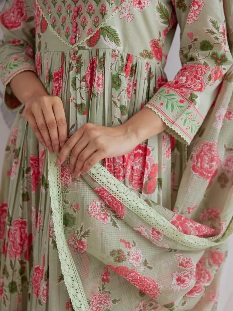 Premium-Pure-Taj-Jaipuri-Cotton-6060-Handwork-Anarkali-Kurti,-Tailored-Trousers,-and-Lightweight-Floral-Dupatta-3-Piece-Luxury-Summer-Suit-Set-Green3.webp