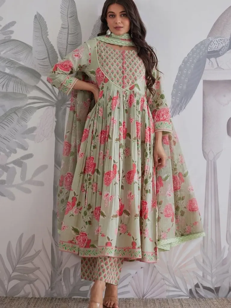 Premium-Pure-Taj-Jaipuri-Cotton-6060-Handwork-Anarkali-Kurti,-Tailored-Trousers,-and-Lightweight-Floral-Dupatta-3-Piece-Luxury-Summer-Suit-Set-Green2.webp