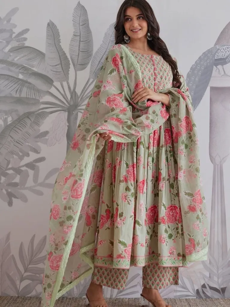 Premium-Pure-Taj-Jaipuri-Cotton-6060-Handwork-Anarkali-Kurti,-Tailored-Trousers,-and-Lightweight-Floral-Dupatta-3-Piece-Luxury-Summer-Suit-Set-Green4.webp
