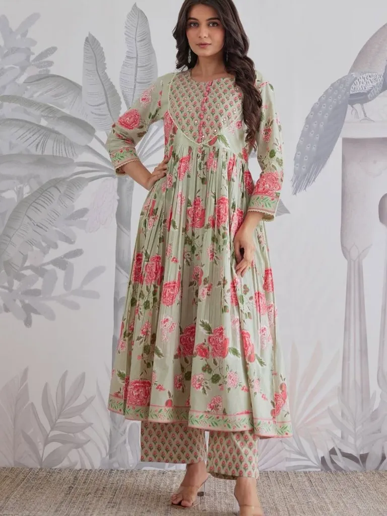 Premium-Pure-Taj-Jaipuri-Cotton-6060-Handwork-Anarkali-Kurti,-Tailored-Trousers,-and-Lightweight-Floral-Dupatta-3-Piece-Luxury-Summer-Suit-Set-Green5.webp