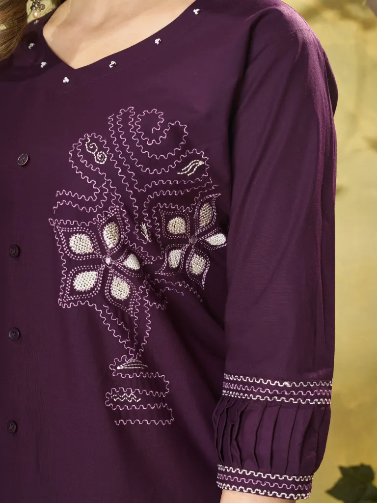 Premium Pure Cotton Co-Ord Set with Multi-Color Thread Embroidery, Matching Straight-Cut Trousers 2-Piece Designer Contemporary Set Purple4.webp