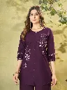 Premium Pure Cotton Co-Ord Set with Multi-Color Thread Embroidery, Matching Straight-Cut Trousers 2-Piece Designer Contemporary Set Purple2.webp