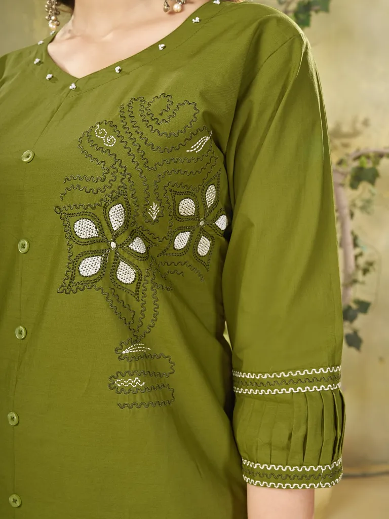 Premium Pure Cotton Co-Ord Set with Multi-Color Thread Embroidery, Matching Straight-Cut Trousers 2-Piece Designer Contemporary Set Green4.webp
