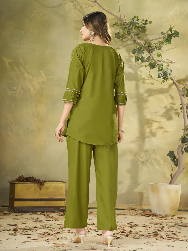 Premium Pure Cotton Co-Ord Set with Multi-Color Thread Embroidery, Matching Straight-Cut Trousers 2-Piece Designer Contemporary Set Green5.webp