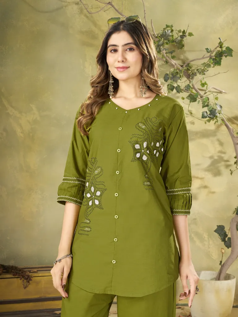 Premium Pure Cotton Co-Ord Set with Multi-Color Thread Embroidery, Matching Straight-Cut Trousers 2-Piece Designer Contemporary Set Green2.webp