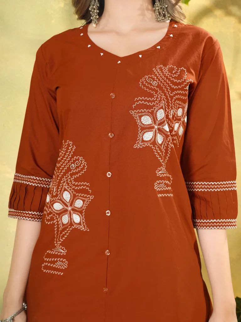 Premium Pure Cotton Co-Ord Set with Multi-Color Thread Embroidery, Matching Straight-Cut Trousers 2-Piece Designer Contemporary Set Rust2.webp