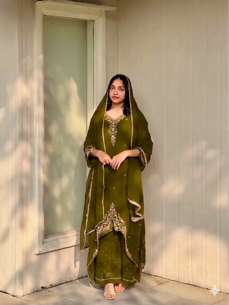 Heavy-Fox-Georgette-Embroidered-Long-Tunic-&-Moti-Work-Palazzo-Set-with-Lace-Border-Dupatta-Olive3.webp