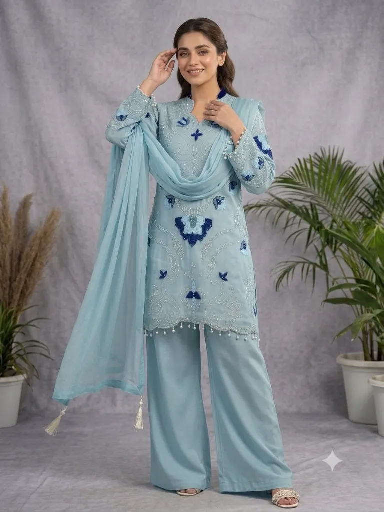 Soft Organza Embroidered Suit with Cutwork Top, Palazzo, and Dupatta Set Blue2.webp