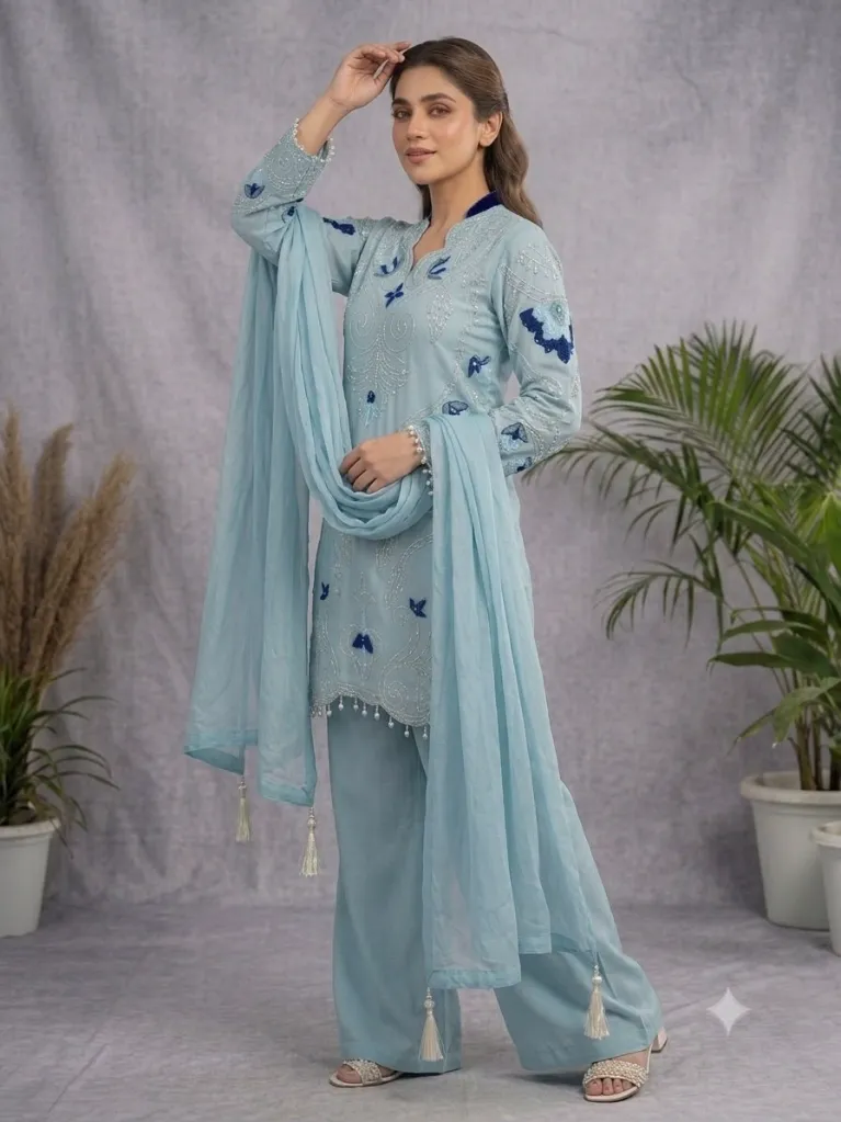 Soft Organza Embroidered Suit with Cutwork Top, Palazzo, and Dupatta Set Blue3.webp