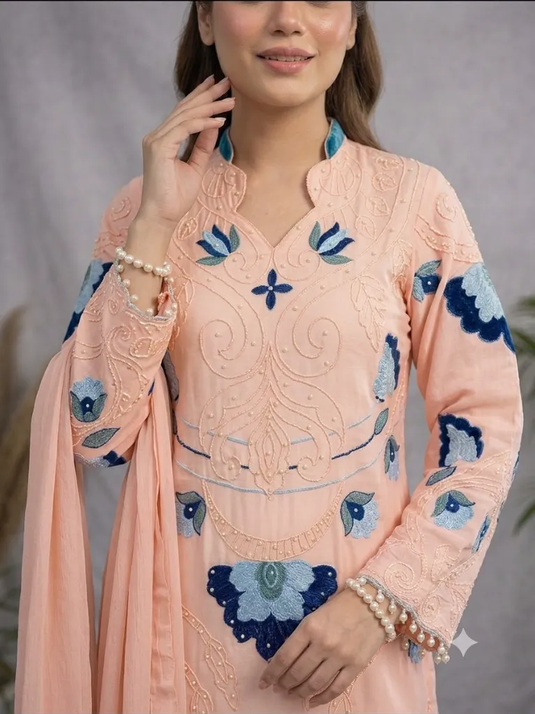 Soft Organza Embroidered Suit with Cutwork Top, Palazzo, and Dupatta Set Peach3.webp