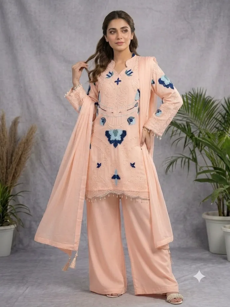 Soft Organza Embroidered Suit with Cutwork Top, Palazzo, and Dupatta Set Peach2.webp