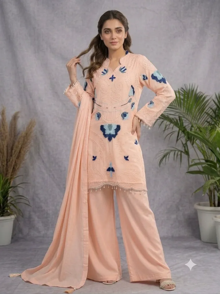 Soft Organza Embroidered Suit with Cutwork Top, Palazzo, and Dupatta Set Peach4.webp