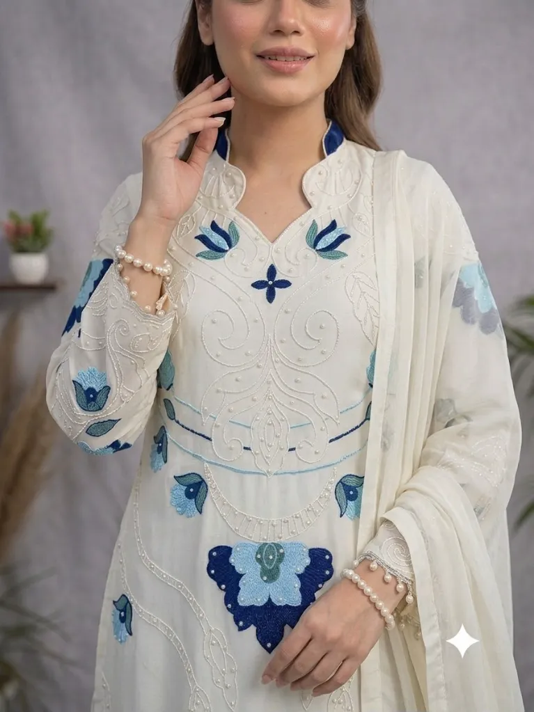 Soft Organza Embroidered Suit with Cutwork Top, Palazzo, and Dupatta Set White4.webp