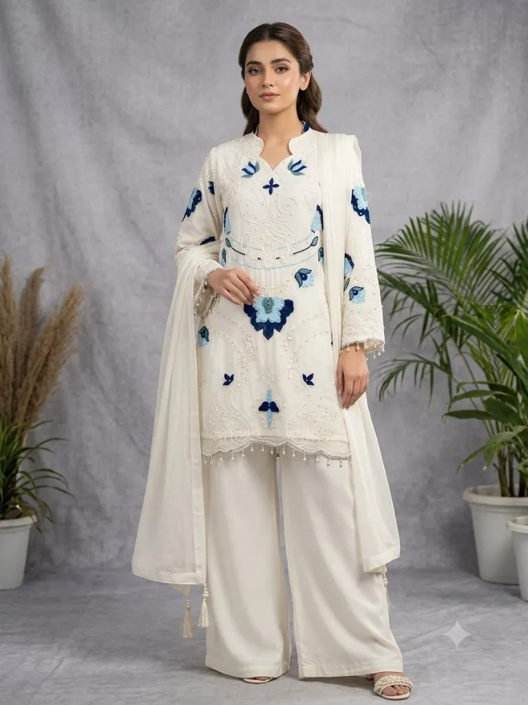 Soft Organza Embroidered Suit with Cutwork Top, Palazzo, and Dupatta Set White2.webp