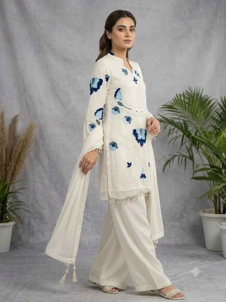Soft Organza Embroidered Suit with Cutwork Top, Palazzo, and Dupatta Set White3.webp