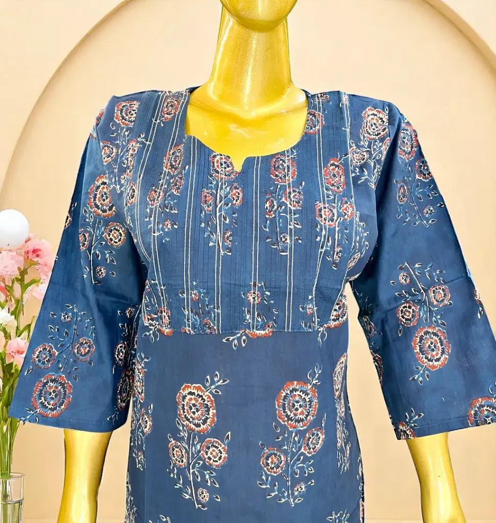 Blue-Cotton-Kurti-with-Brown-Floral-Block-Print02.webp