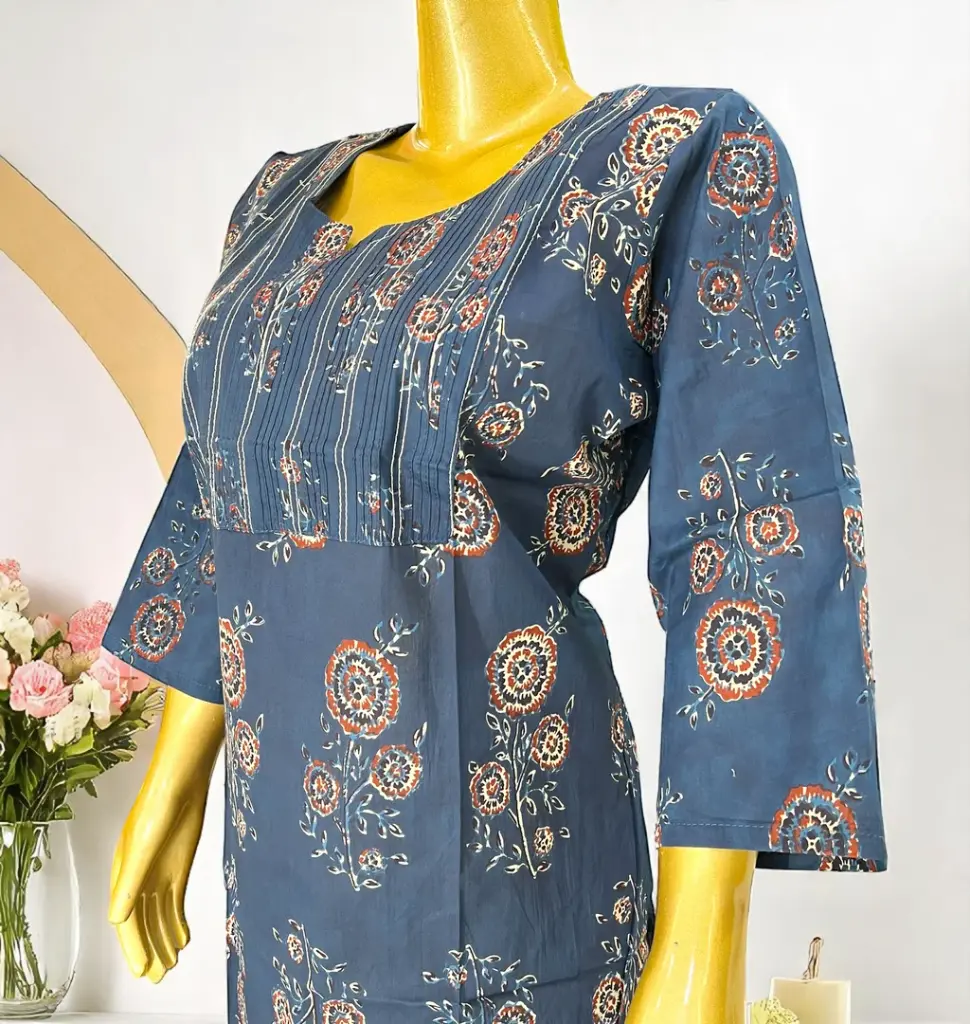 Blue-Cotton-Kurti-with-Brown-Floral-Block-Print04.webp
