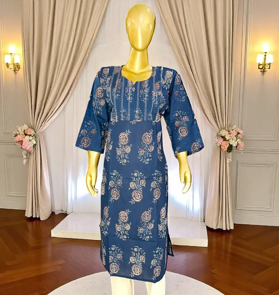 Blue-Cotton-Kurti-with-Brown-Floral-Block-Print01.webp