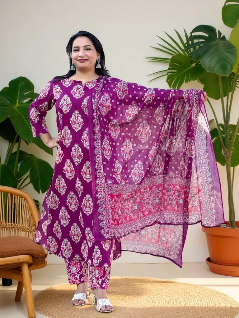 Purple Block Print Kurti Palazzo Set with Dupatta (M)