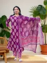 Purple Block Print Kurti Palazzo Set with Dupatta