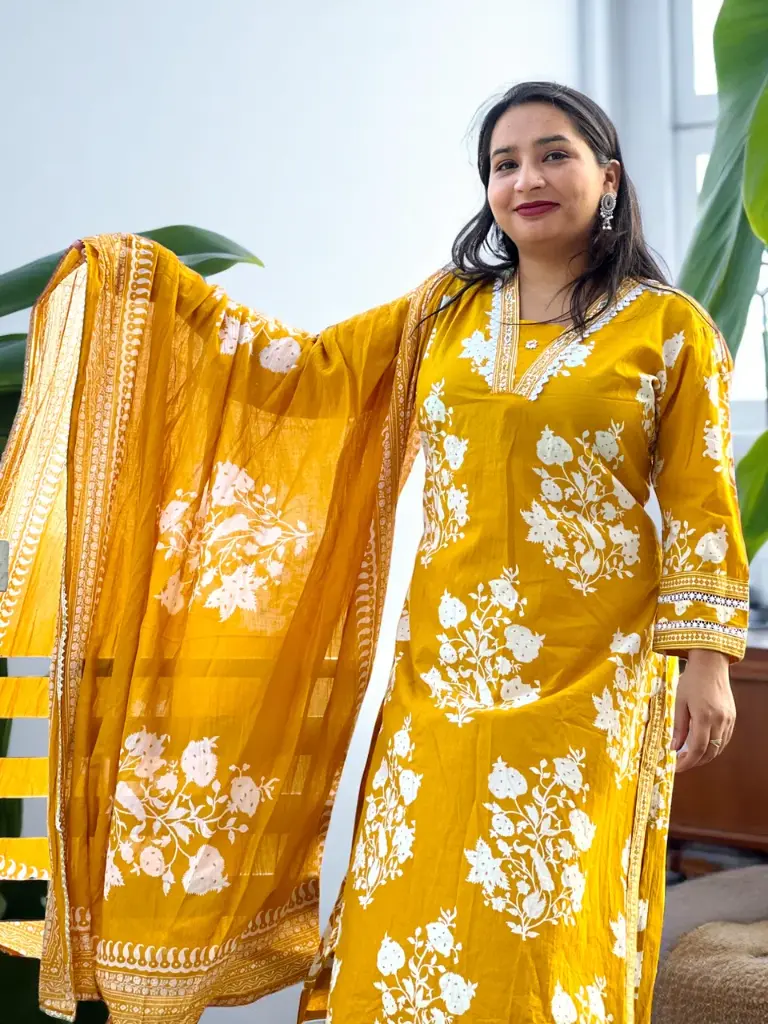 Mustard Yellow Floral Printed 3-Piece Suit