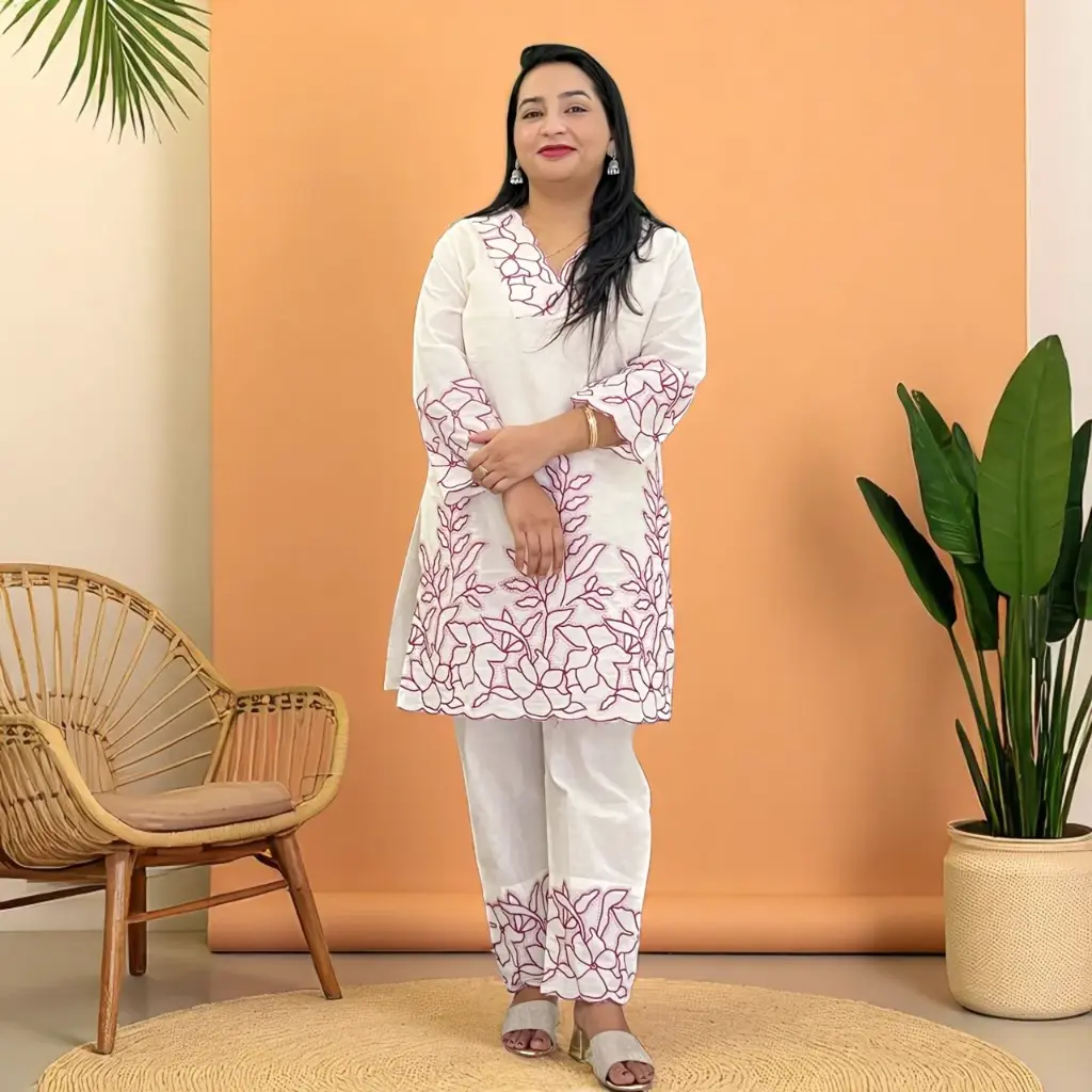 Serene Bloom Embroidered Cotton Co-ord Set (M)