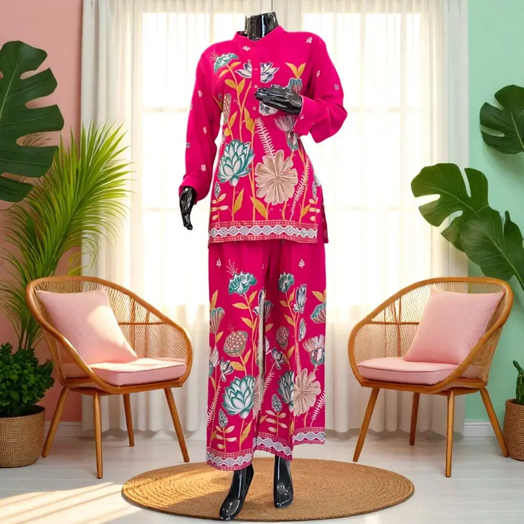Lotus Pattern Palazzo Co-ord Set (M, Pink)