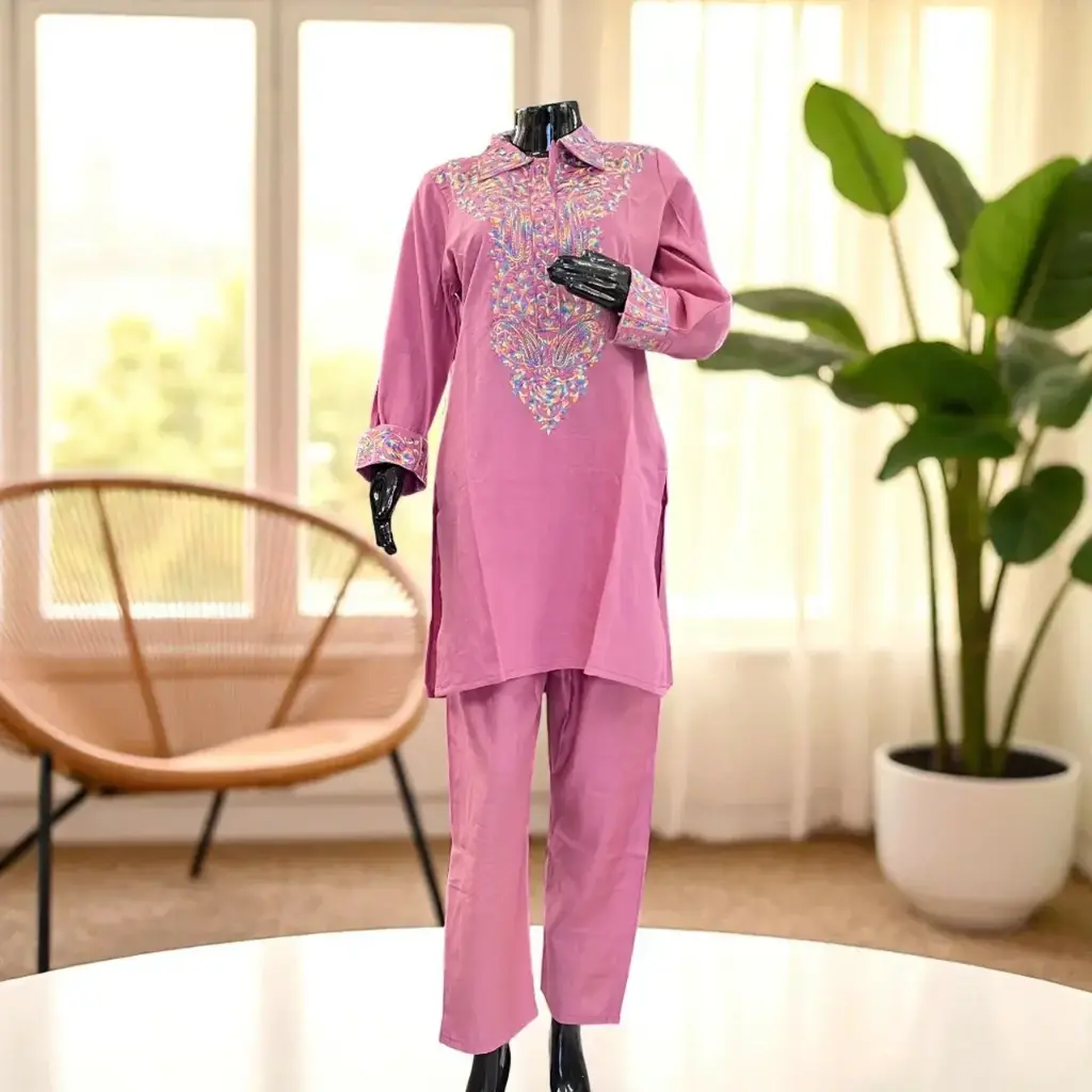 Elegant Pink Kashmiri Embroidery Kurta and Palazzo Set (XL)