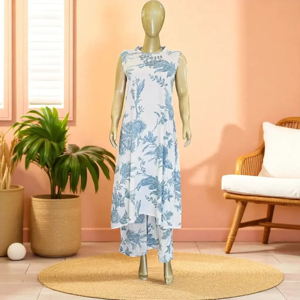 Chic Blue Floral Kurta Palazzo Set