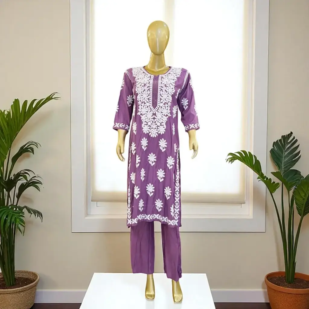 Lavender Lakhnavi Chikankari Co-ord Set - Elegant & Graceful (XL)