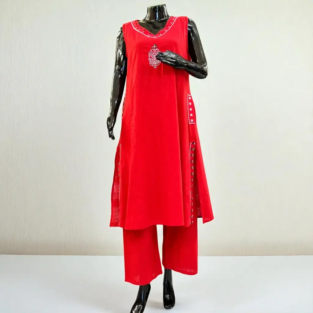 Red Cotton Kurti Palazzo Set with Pockets